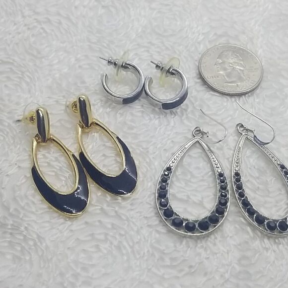 Hoop Earrings 3 Pairs Black Hoop Silver Gold Crystal Earrings - Picture 10 of 10